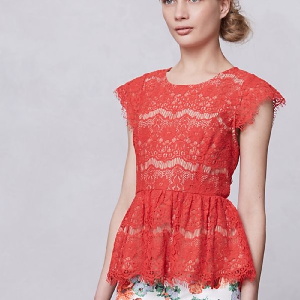 Anthropologie Maeve red lace peplum top